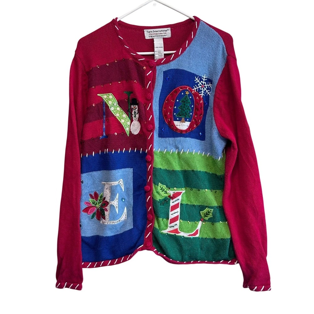 Tiara International‎ Christmas Collection NOEL Sweater Sz L Red Novelty Holiday